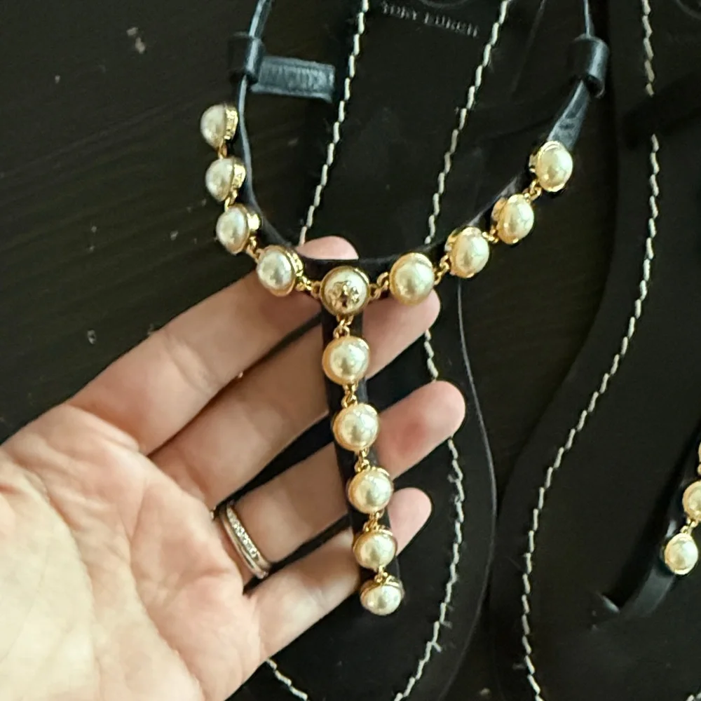 Tory Burch Black Sandals with Pearl Accents - Picture 3 of 4